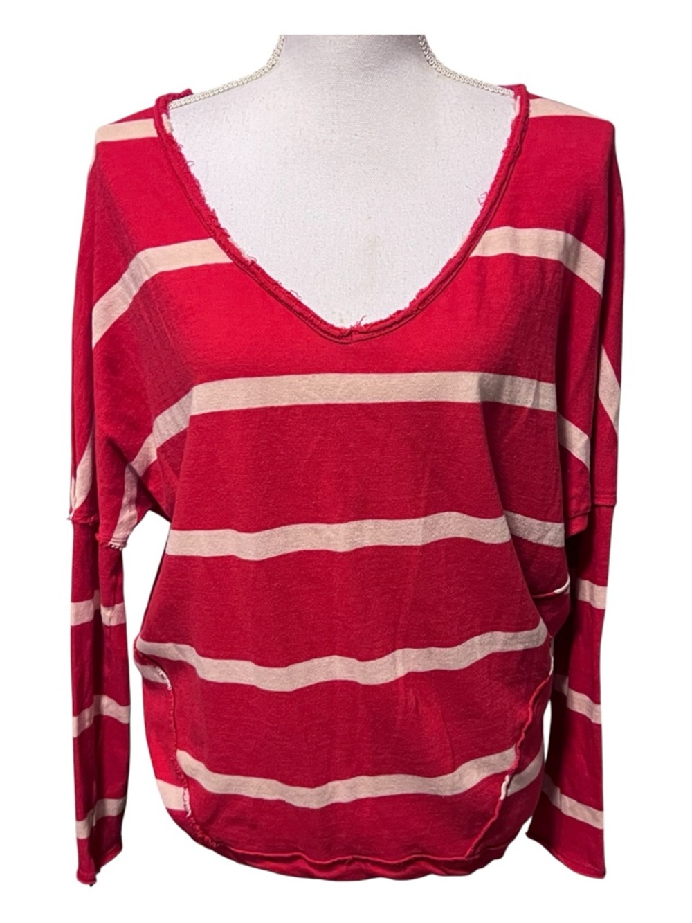 We The Free red and cream striped lightweight sweater lived-in raw hem fraying